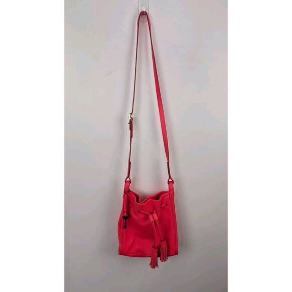 Fossil Purse Neon Pink Leather Bucket Bag Crossbody 9x9" Salmon Drawstring - Picture 2 of 8